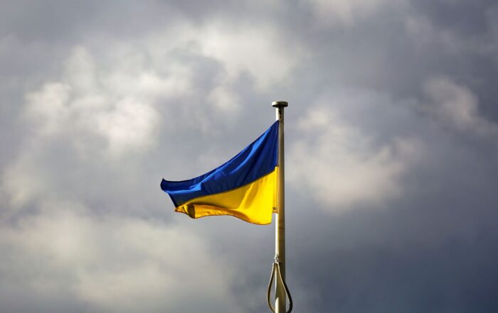 Flag of Ukraine set against a grey cloud background